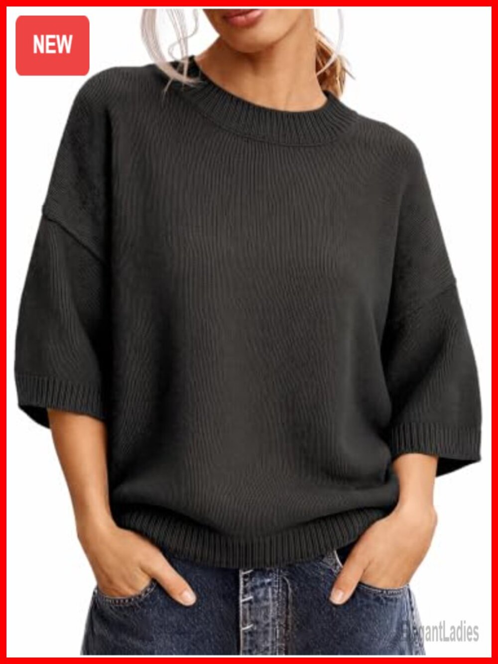 Womens Oversized Short Sleeve Crew Neck Knit Pullover Sweater Top